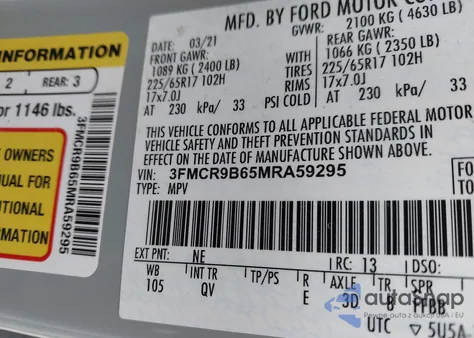 2021 Ford Bronco Sport Big Bend from USA, damaged, VIN 3FMCR9B65MRA59295